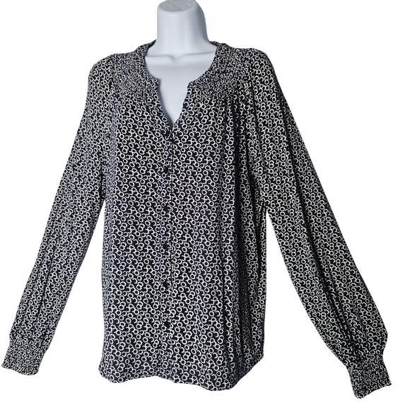 Boden Navy Floral Blouse US 12 Smocked Neck Long Sleeve Viscose Top WorkCore - Picture 1 of 11
